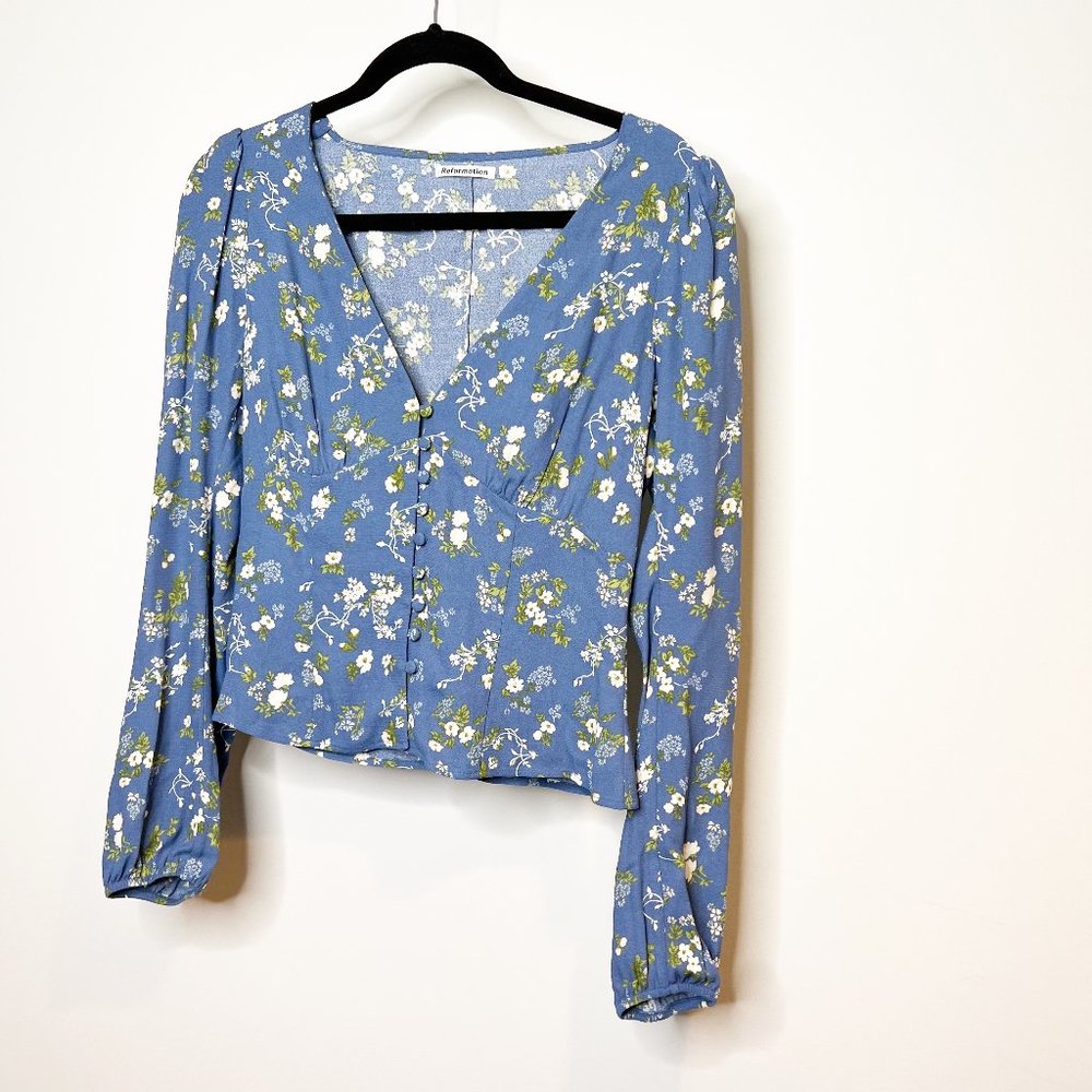 Reformation Womens Blue Floral V Neck Long Sleeve Blouse Top Size Medium
